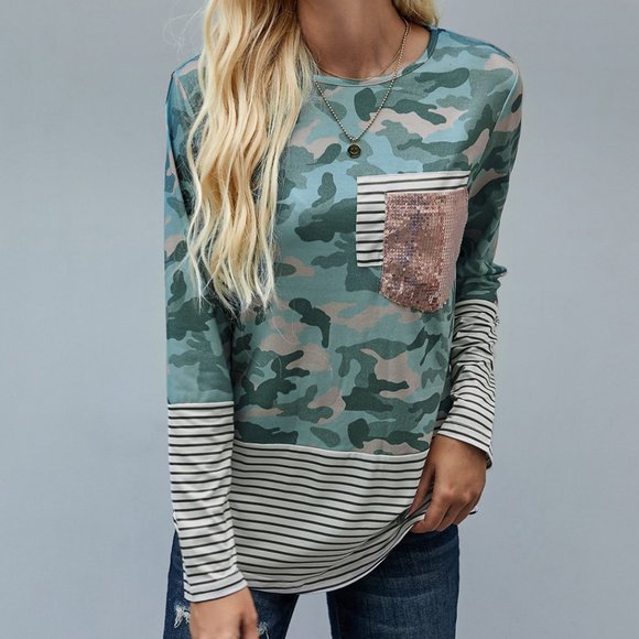 Tops - Camo Striped Sequin Pocket long Sleeve Shirt